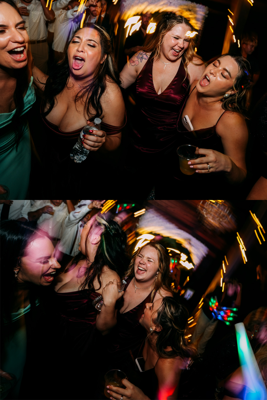 Bridesmaids having fun on the dance floor at Ever After Farms Ranch reception